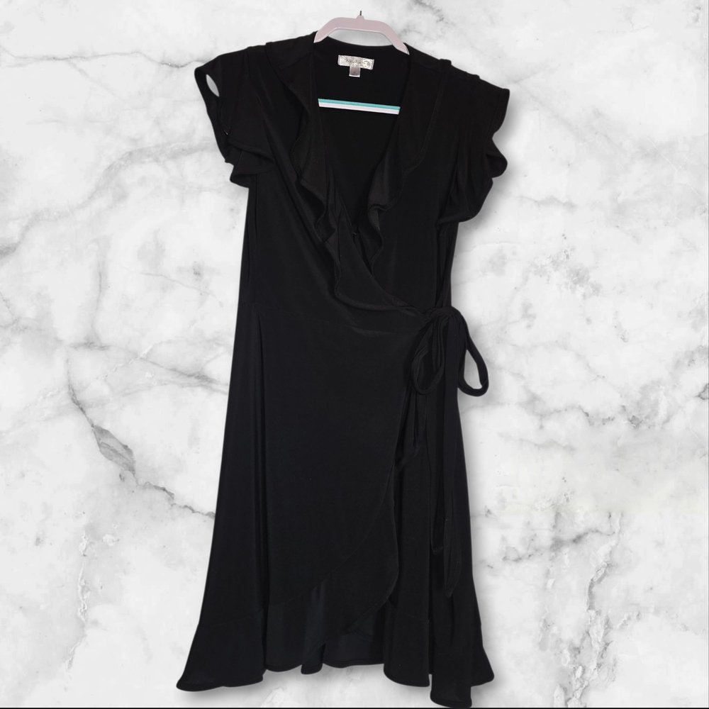 dressbarn Black Ruffle Wrap Midi Dress